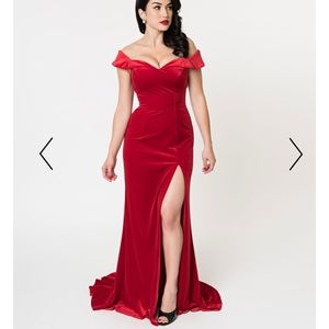 Red Velvet Off Shoulder Neckline Cap Sleeve Gown